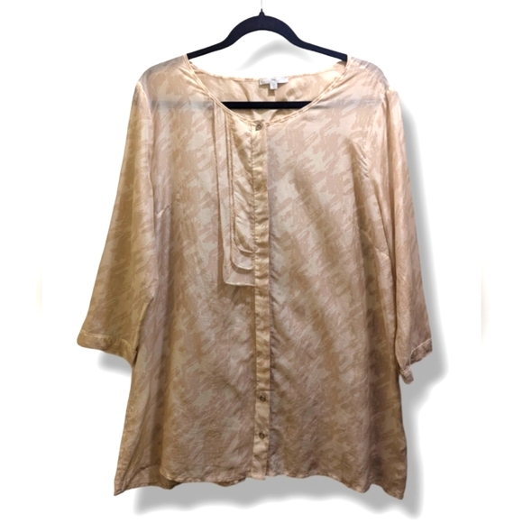 GAP Tops - GAP Cotton Silk Cream Beige Tunic Button Front 3/4 Sleeve Brush Stroke Print- XL
